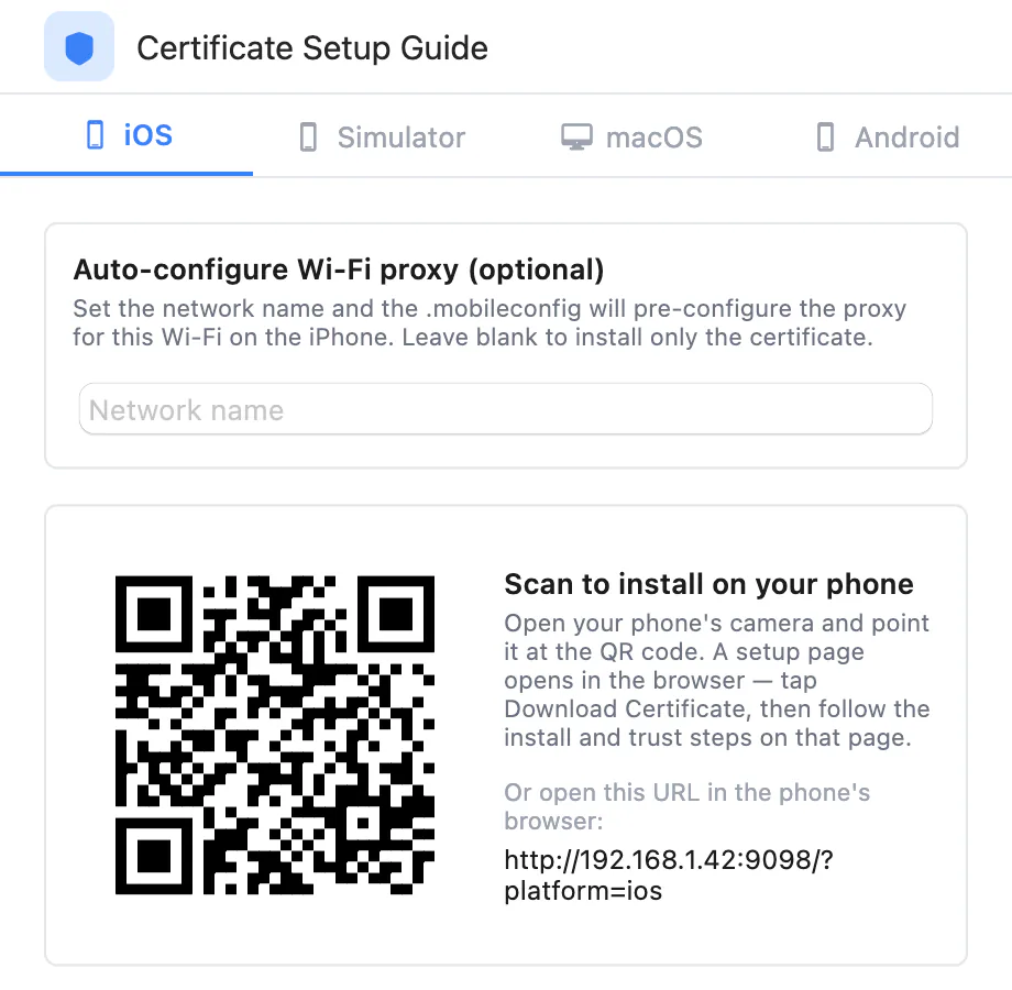 Probe's Certificate Setup Guide on the iOS tab: optional Wi-Fi proxy setup and a QR code to install the certificate