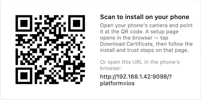 Scan to install on your phone: a QR code that opens the certificate download