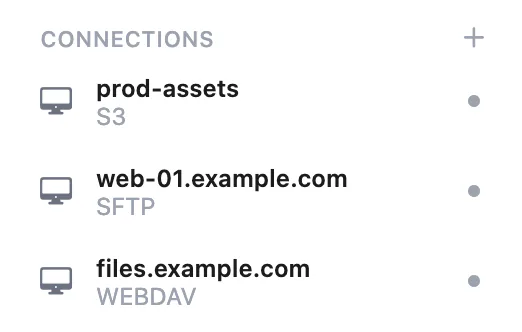 The Connections sidebar listing prod-assets (S3), web-01.example.com (SFTP) and files.example.com (WebDAV)