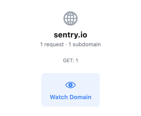 An unwatched domain, sentry.io, collapsed to a summary with a Watch Domain button