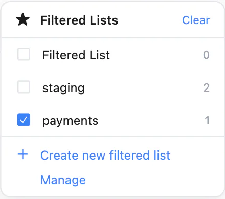 The Filtered Lists menu with staging and payments lists and Create new filtered list