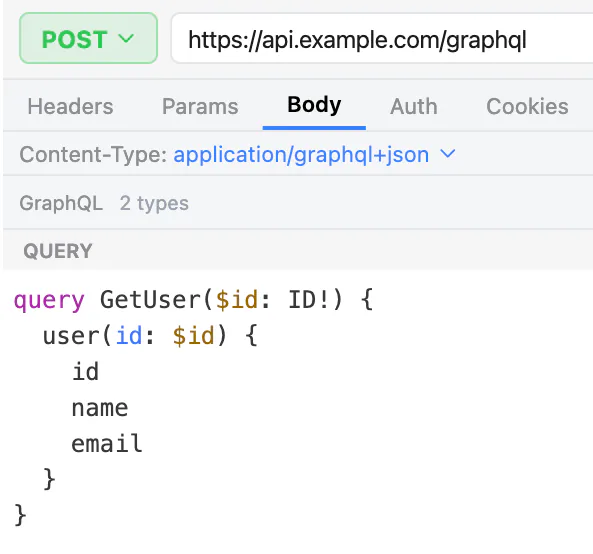 Composer with a GraphQL request to api.example.com/graphql and its query editor