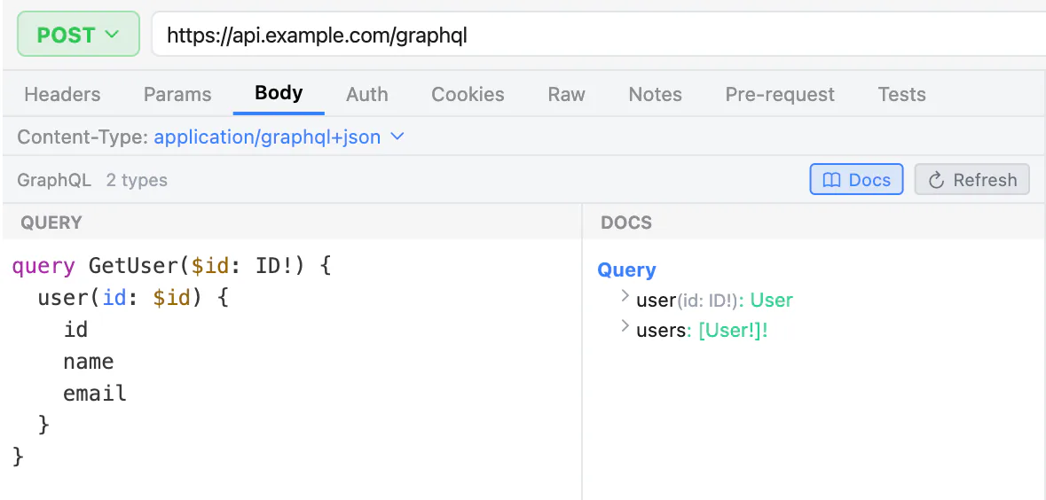 Composer with a GraphQL request to api.example.com/graphql, its query editor and the schema docs