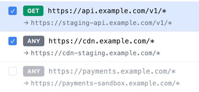 Map Remote rules sending api.example.com and cdn.example.com to staging hosts