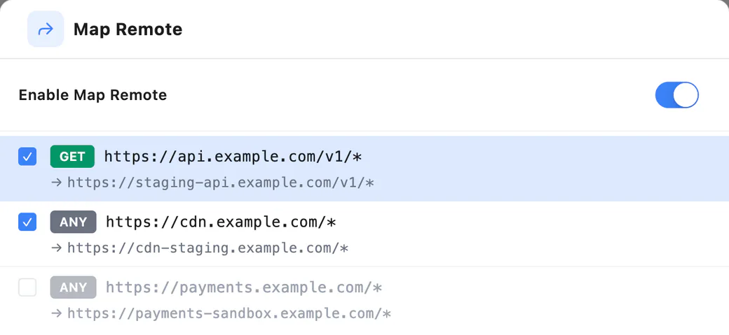 Map Remote rules sending api.example.com and cdn.example.com to staging hosts