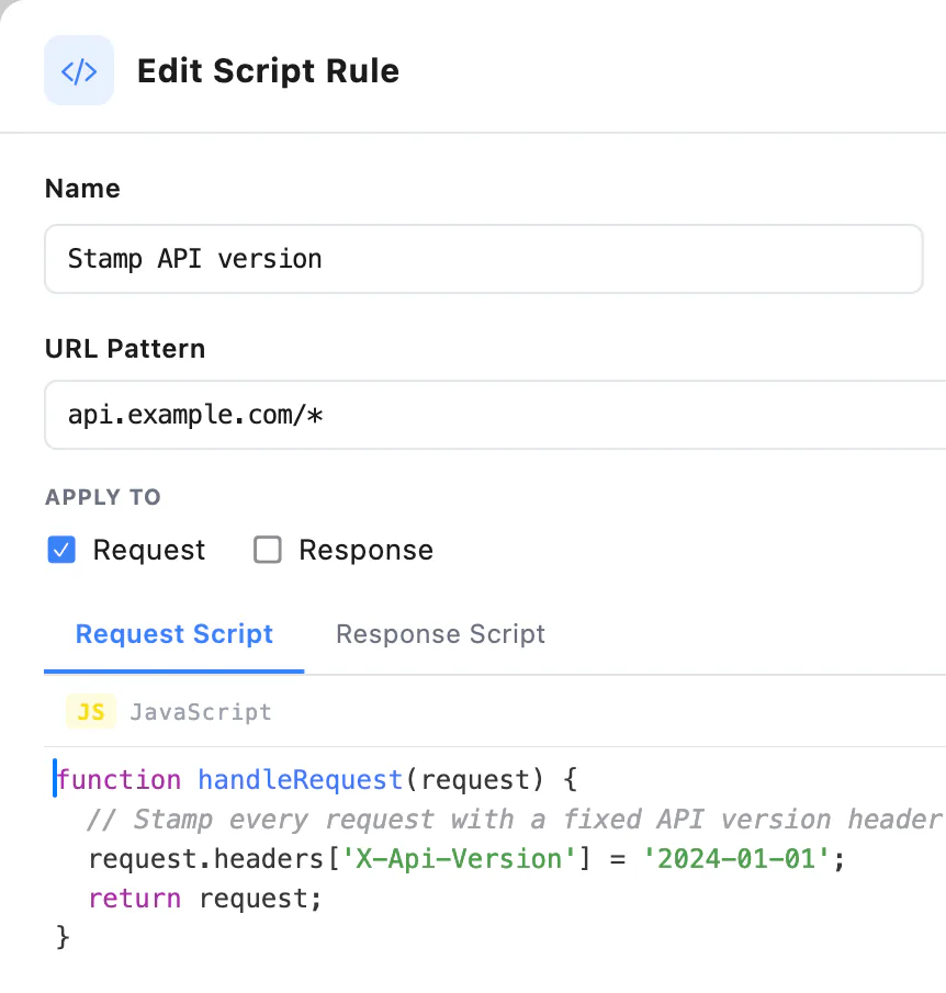 Edit Script Rule: a request script for api.example.com/* that stamps an X-Api-Version header