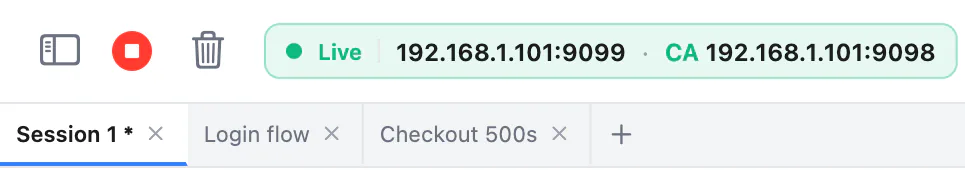 Session tabs: Session 1, Login flow and Checkout 500s