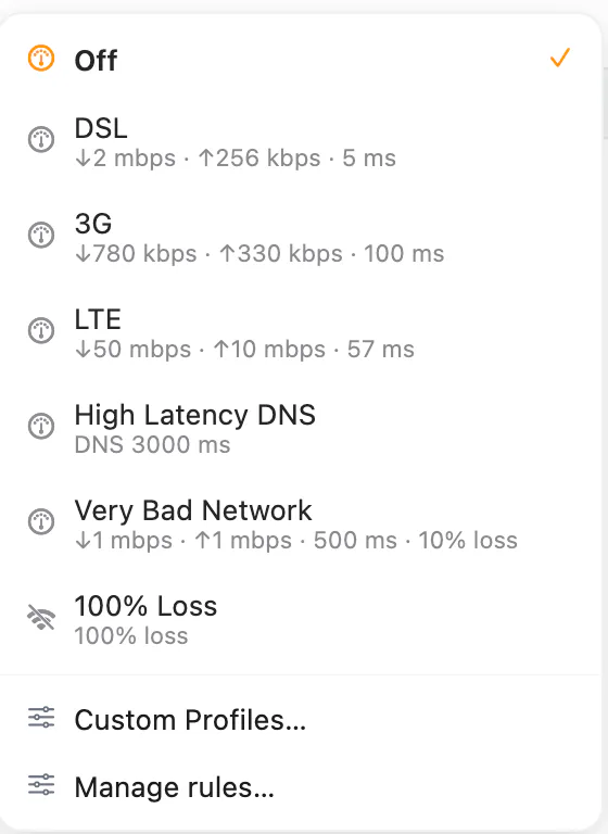 The throttling picker with Off, DSL, 3G, LTE, High Latency DNS, Very Bad Network and 100% Loss profiles