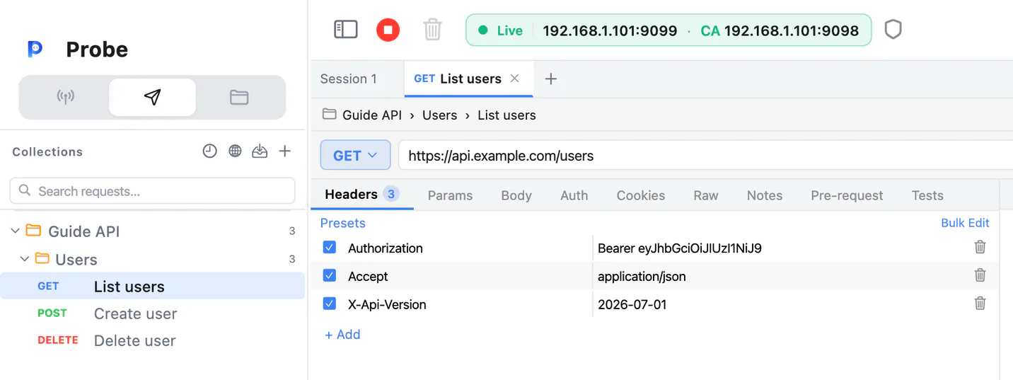 Composer with a Guide API collection and a GET request to /users with its headers