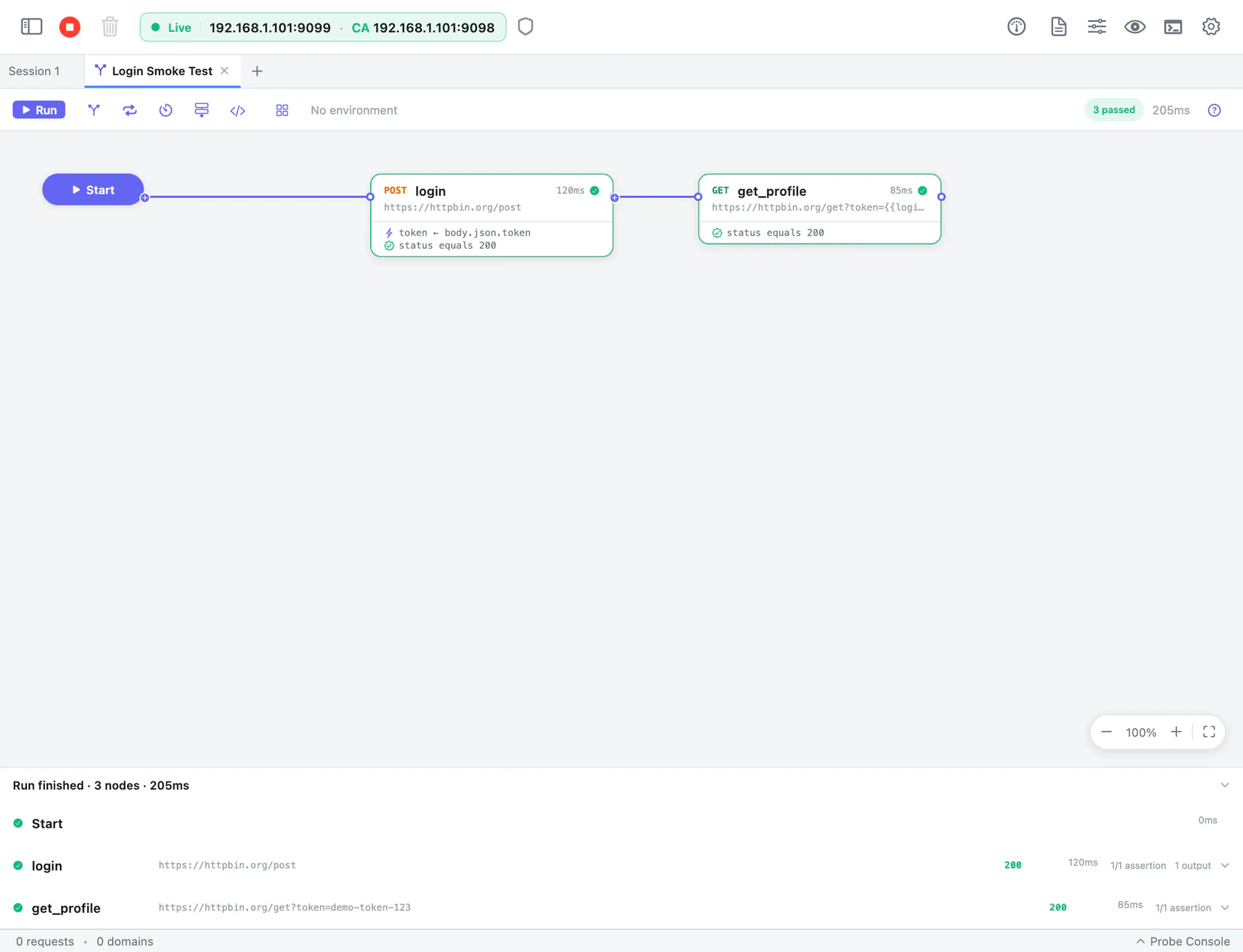 A flow on the canvas: Start, a login request whose token feeds a get_profile request, and the run report below