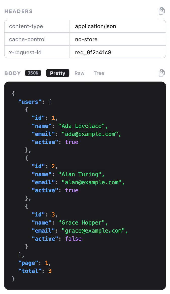 Response headers and a pretty-printed JSON body in the request detail panel