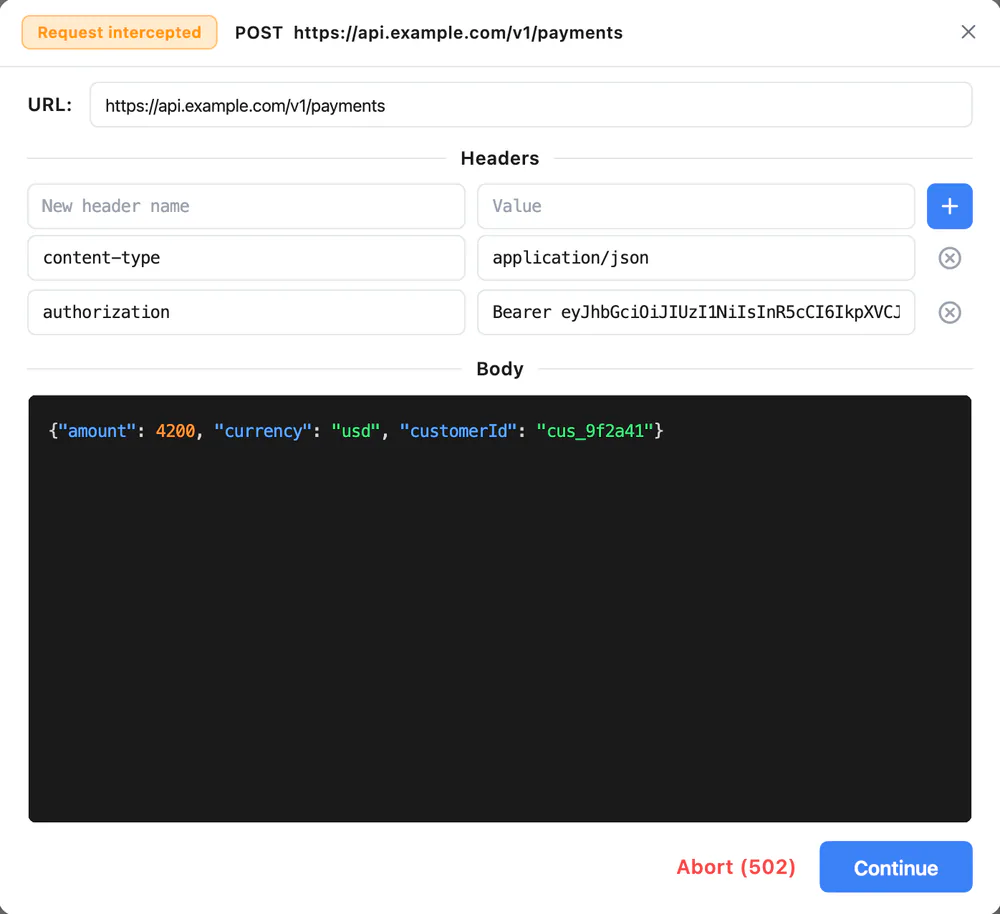 Breakpoint dialog pausing POST https://api.example.com/v1/payments with editable URL, headers and body, and Abort or Continue