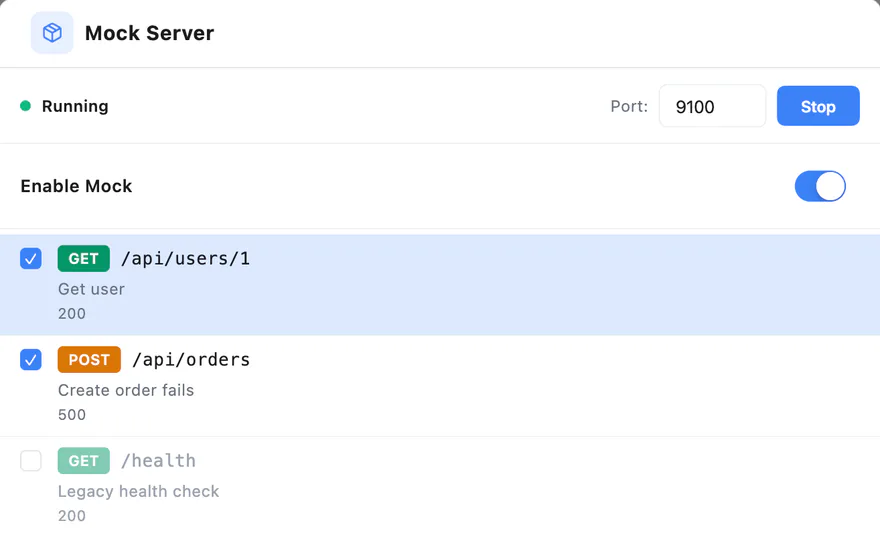 Mock Server running on port 9100 with mock rules for /api/users/1 and /api/orders